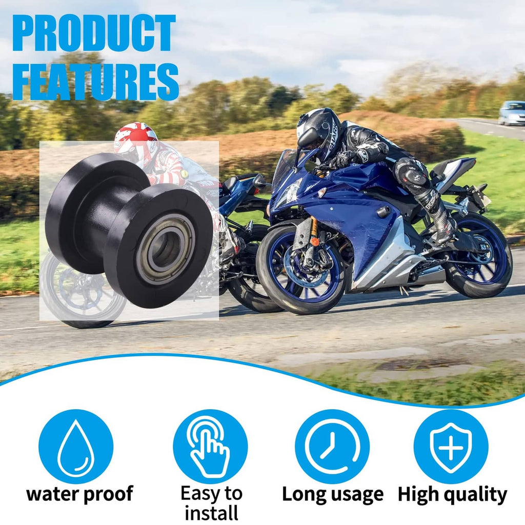 Black chain roller pulley tensioner wheel pair with metal bearing at center