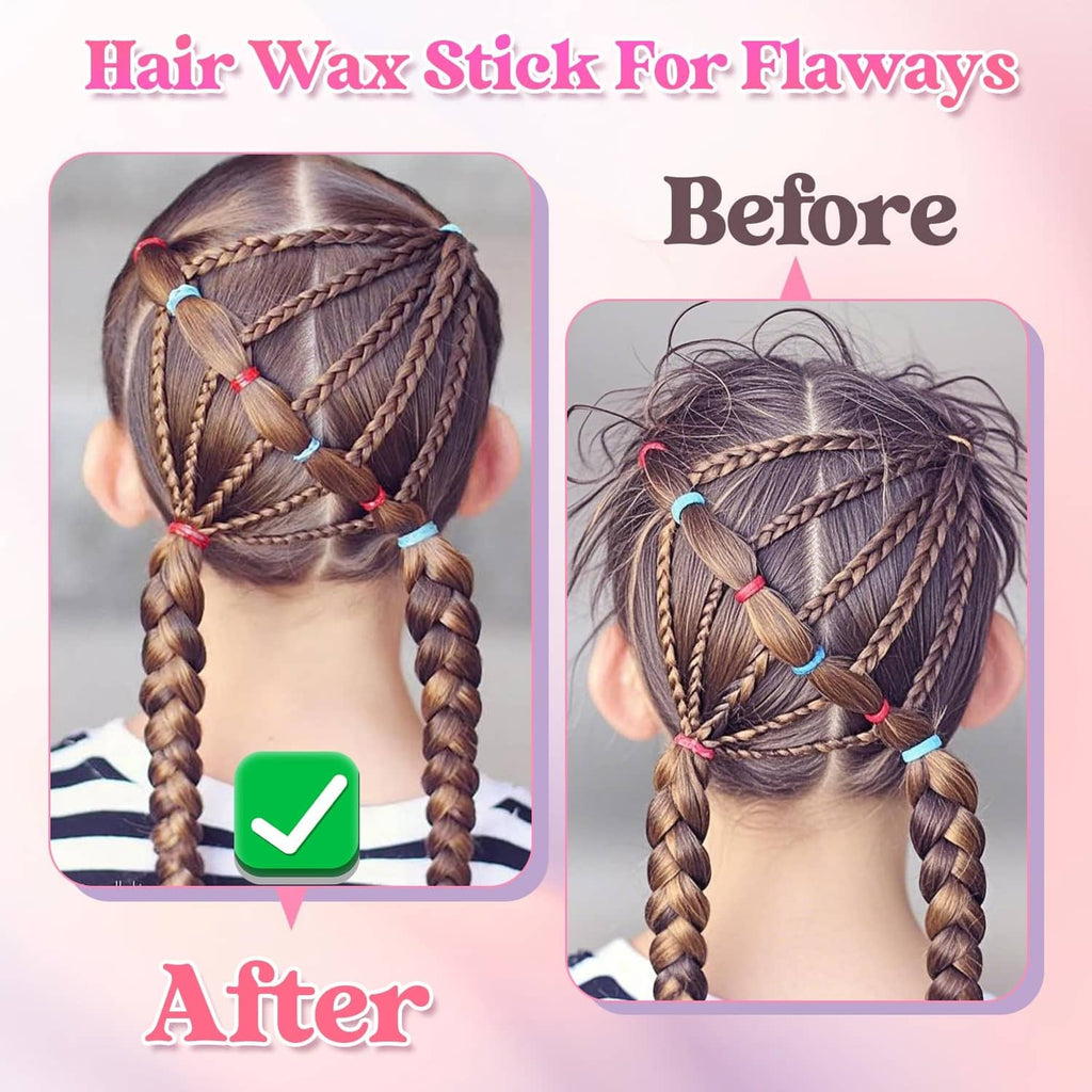 Hair wax styling result with sleek braided hair, before and after panels