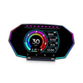 Car HUD display with octagonal blue screen showing speed, RPM, and system stats