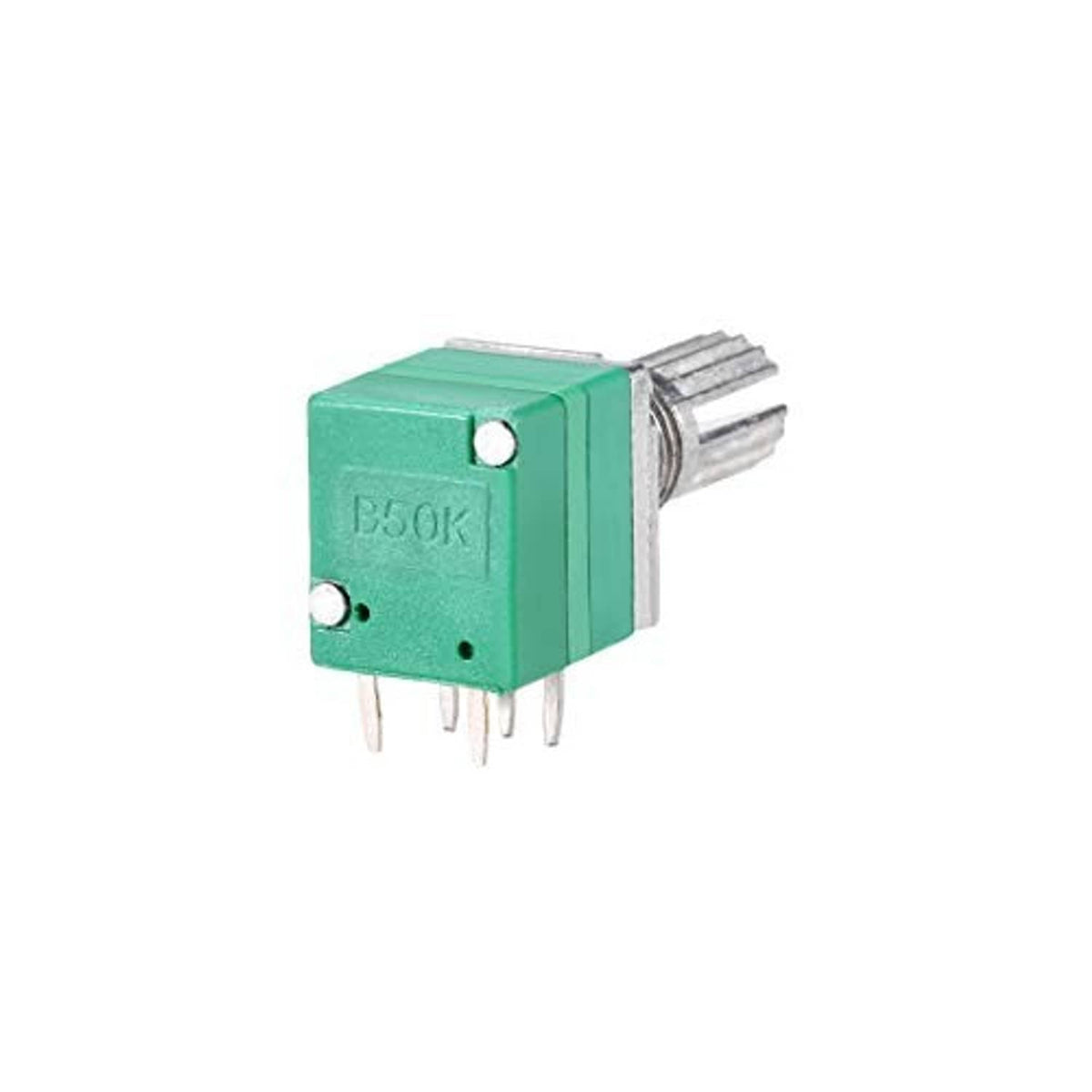 Rotary potentiometer with switch close-up, green PCB, silver shaft, 3 mounting pins