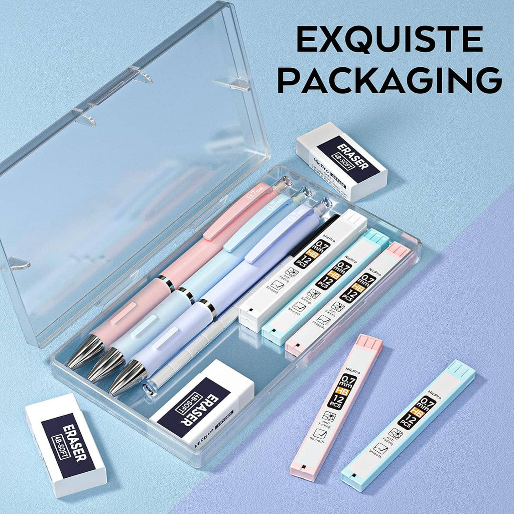 Mechanical pencil set in clear case with erasers and lead refills neatly arranged
