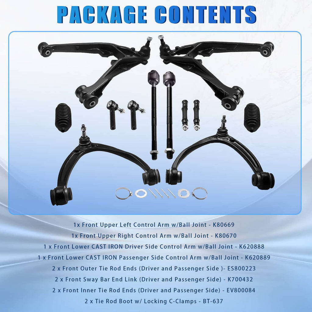 Package contents for front control arm kit: arms, tie rods, boots, and small hardware