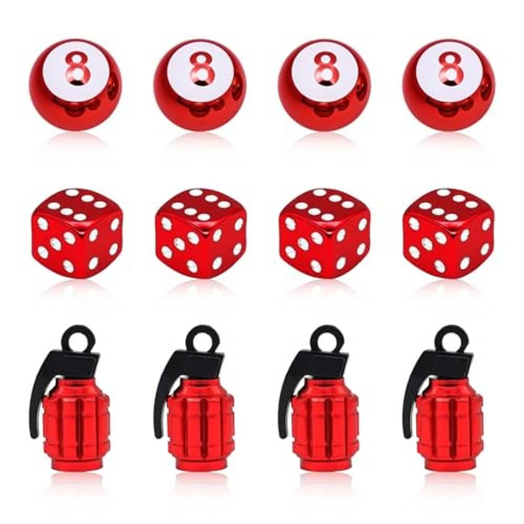 Assorted red dice and red “8” top tire valve stem caps with black bases and rings.