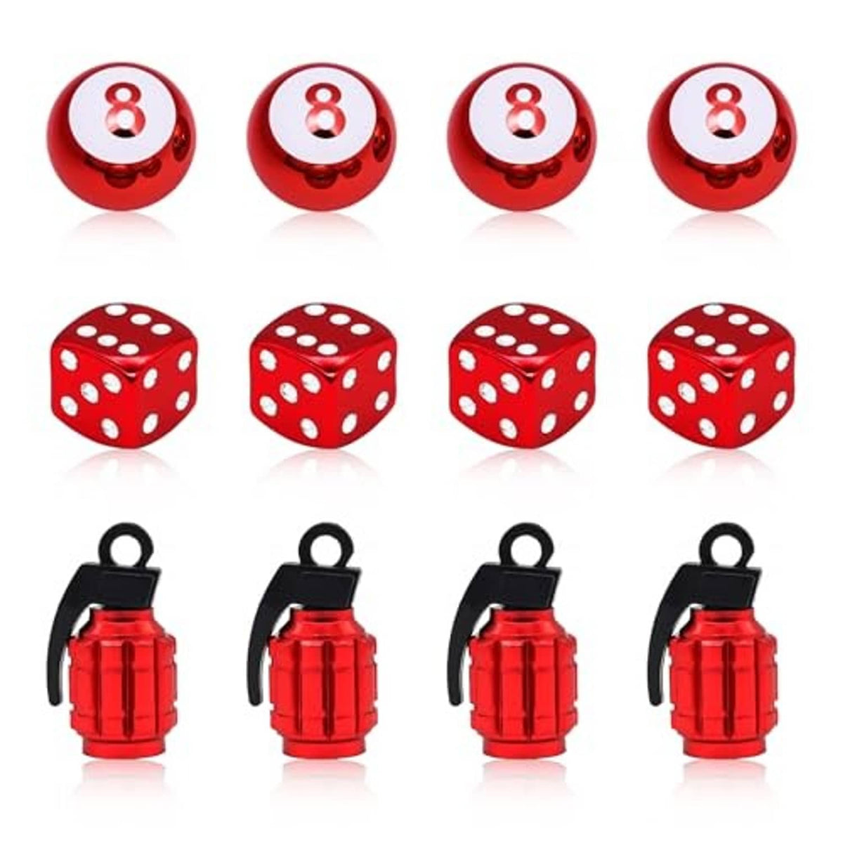 Assorted red dice and red “8” top tire valve stem caps with black bases and rings.
