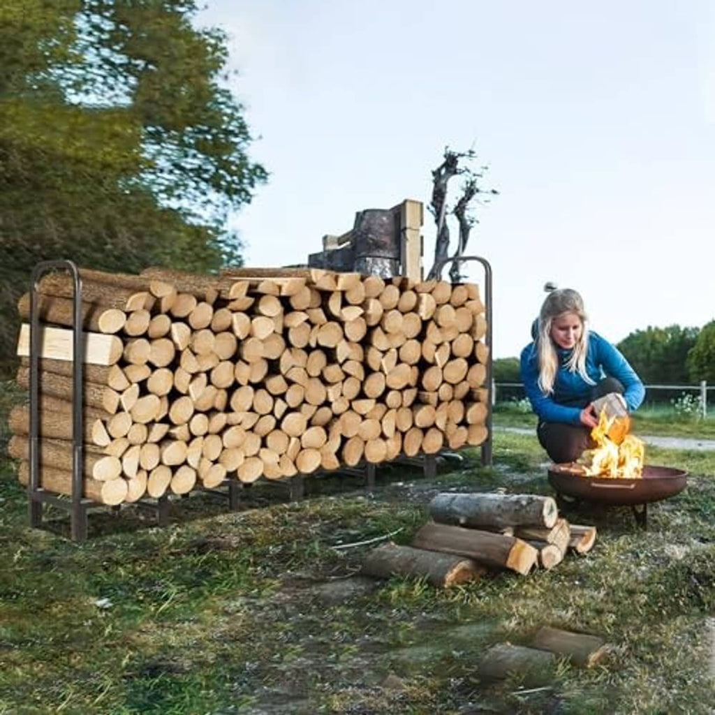 Outdoor firewood storage rack with black frame and dense stack of cut logs