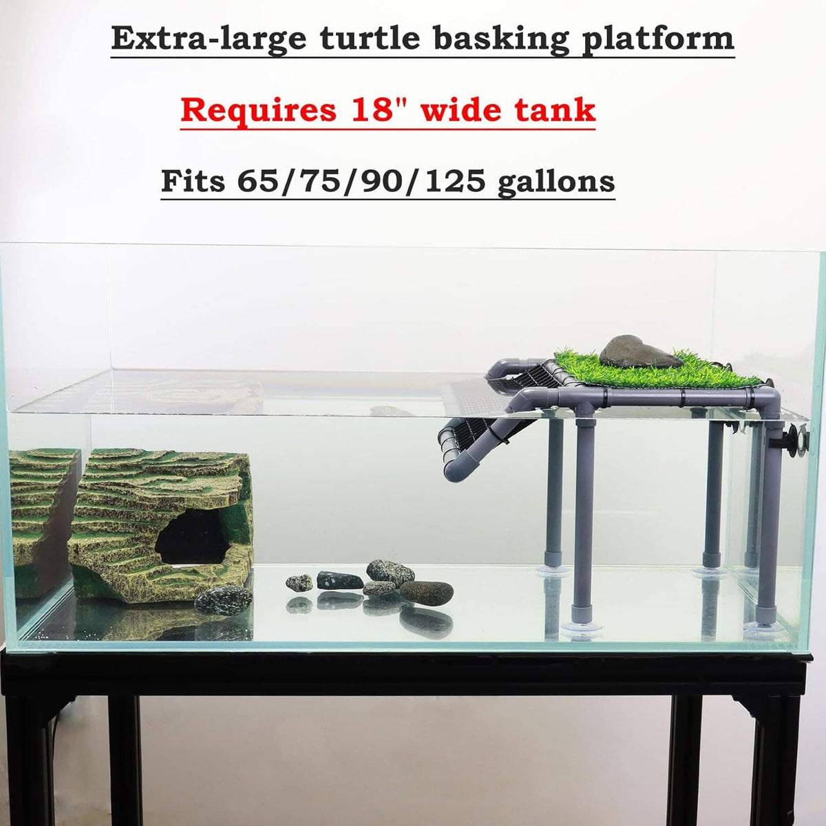 Extra-large turtle basking platform with artificial grass and non-slip ramp inside aquarium tank