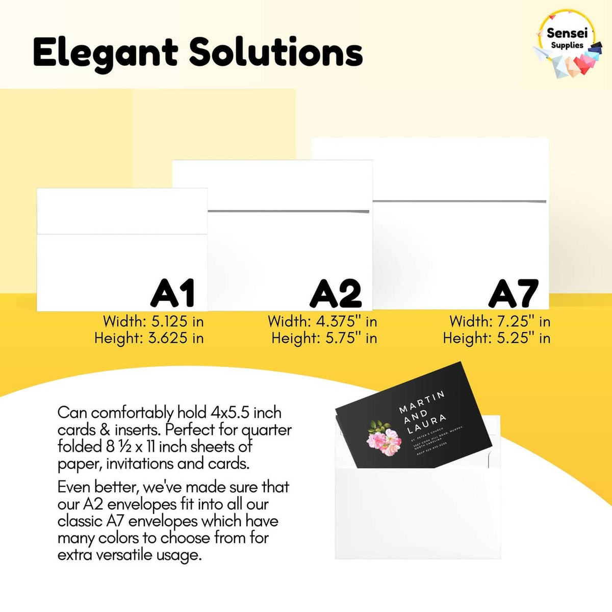 Assorted white envelope sizes, including A1, A2, and A7 formats