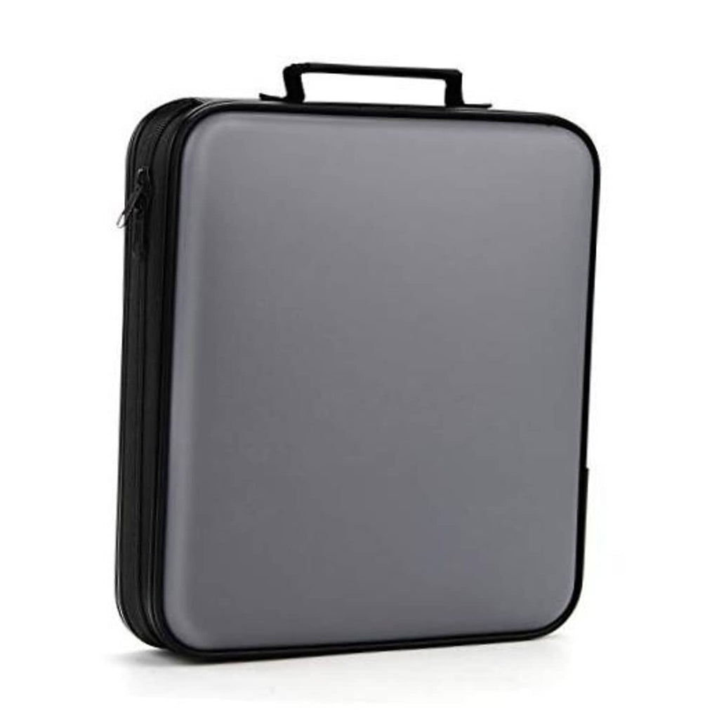 Grey DVD/CD storage case with black zipper and top carry handle.
