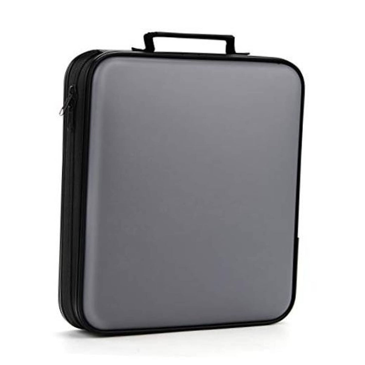 Grey DVD/CD storage case with black zipper and top carry handle.