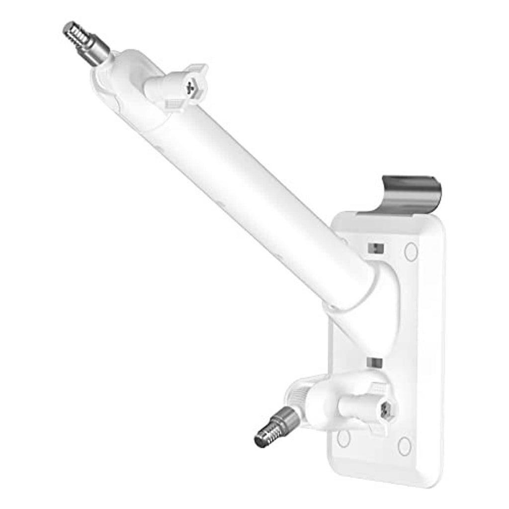 White solar spotlight camera bracket with extendable arm and mounting base, close-up