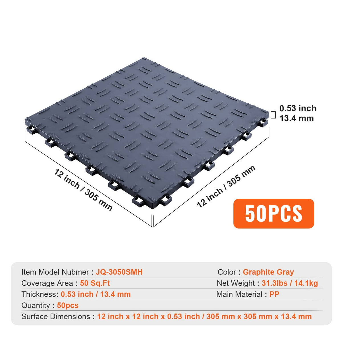 Interlocking garage floor tile size 12x12 in, dark graphite gray with textured top
