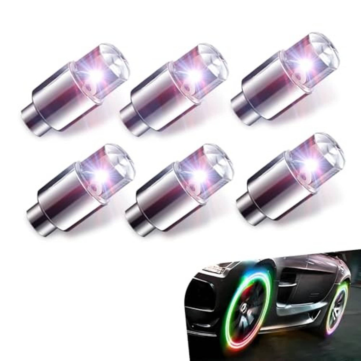 6 LED tire valve stem caps, silver and clear domes with bright multicolor flashing LEDs