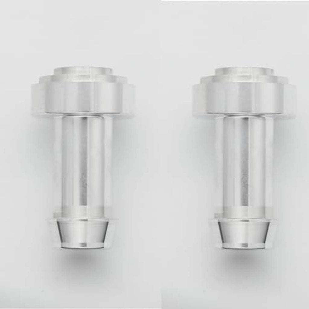 Two silver hose barb tail nipples with open bores and flanged weld ends