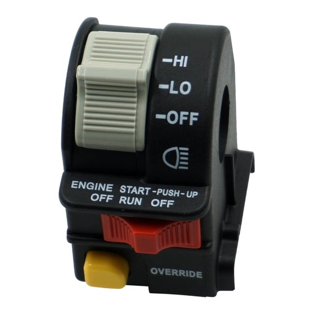 Left handlebar engine HI/LO/OFF switch front view with grey knob and red rocker, yellow override