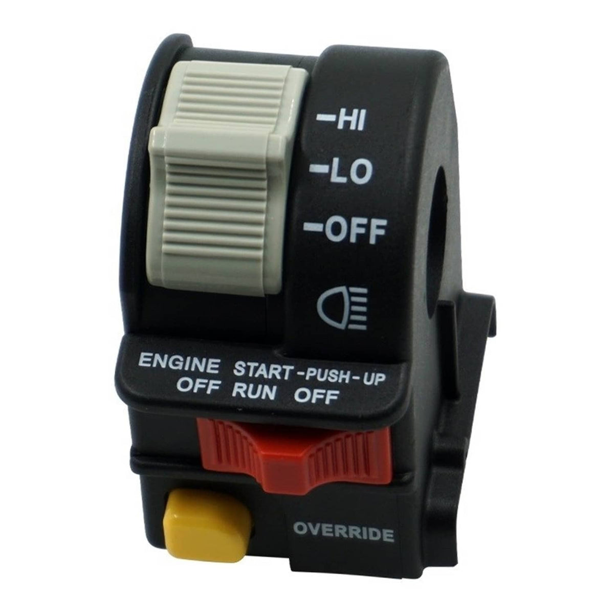 Left handlebar engine HI/LO/OFF switch front view with grey knob and red rocker, yellow override