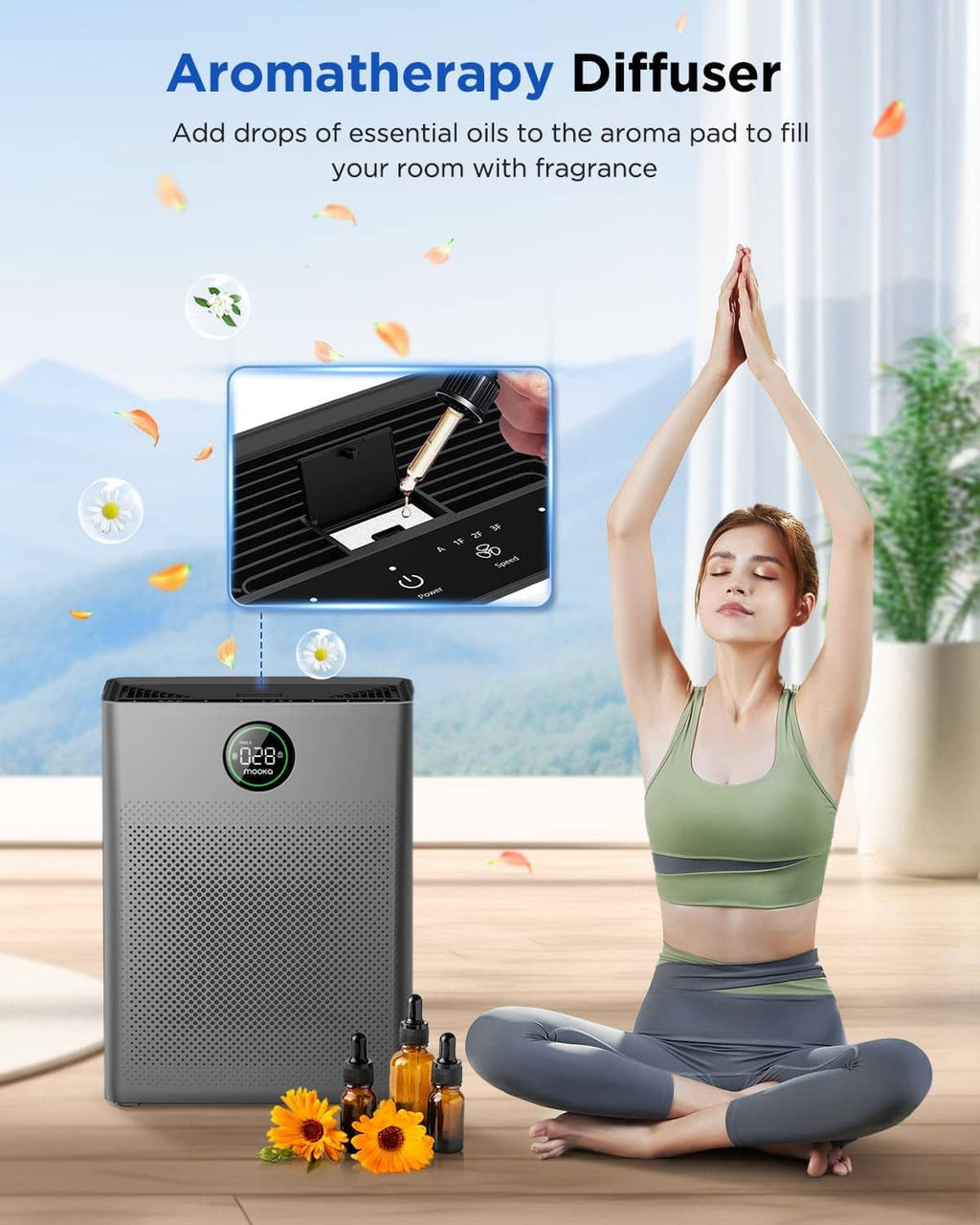 Grey MOOKA air purifier with aromatherapy accessory and front control screen