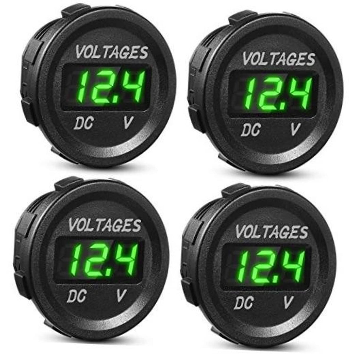 Round DC car voltage gauge with green LED display reading 12.4