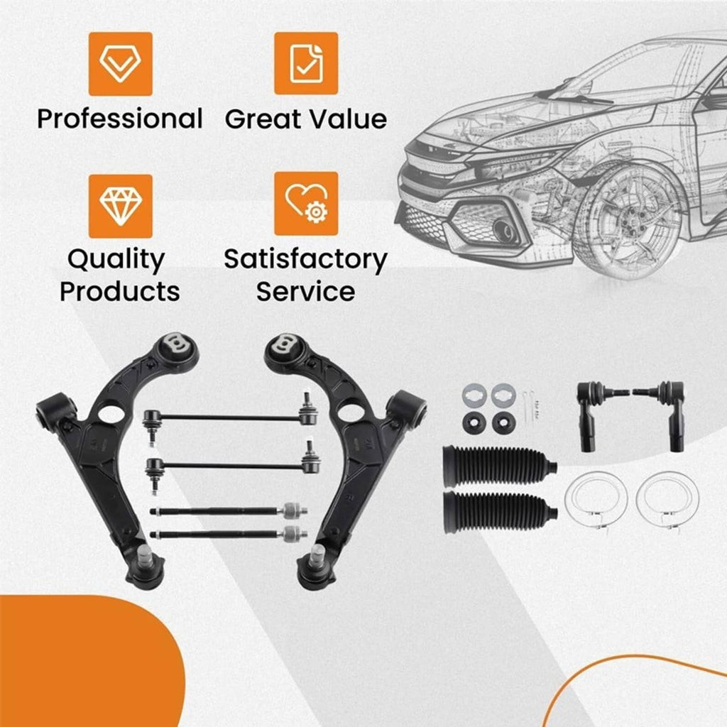 Front suspension parts kit: control arms, tie rods, boots, and small hardware pieces