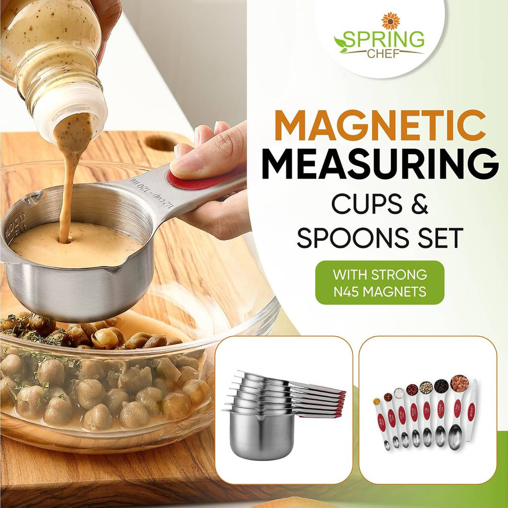 Magnetic measuring cup with red magnet handle, pouring batter into a mixing bowl