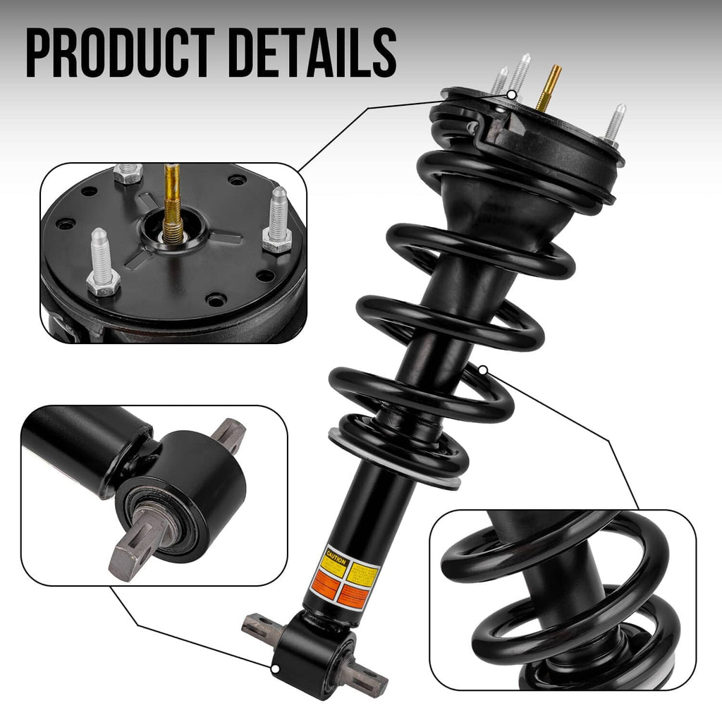 Front shock strut with spring, black body, and top mounting studs