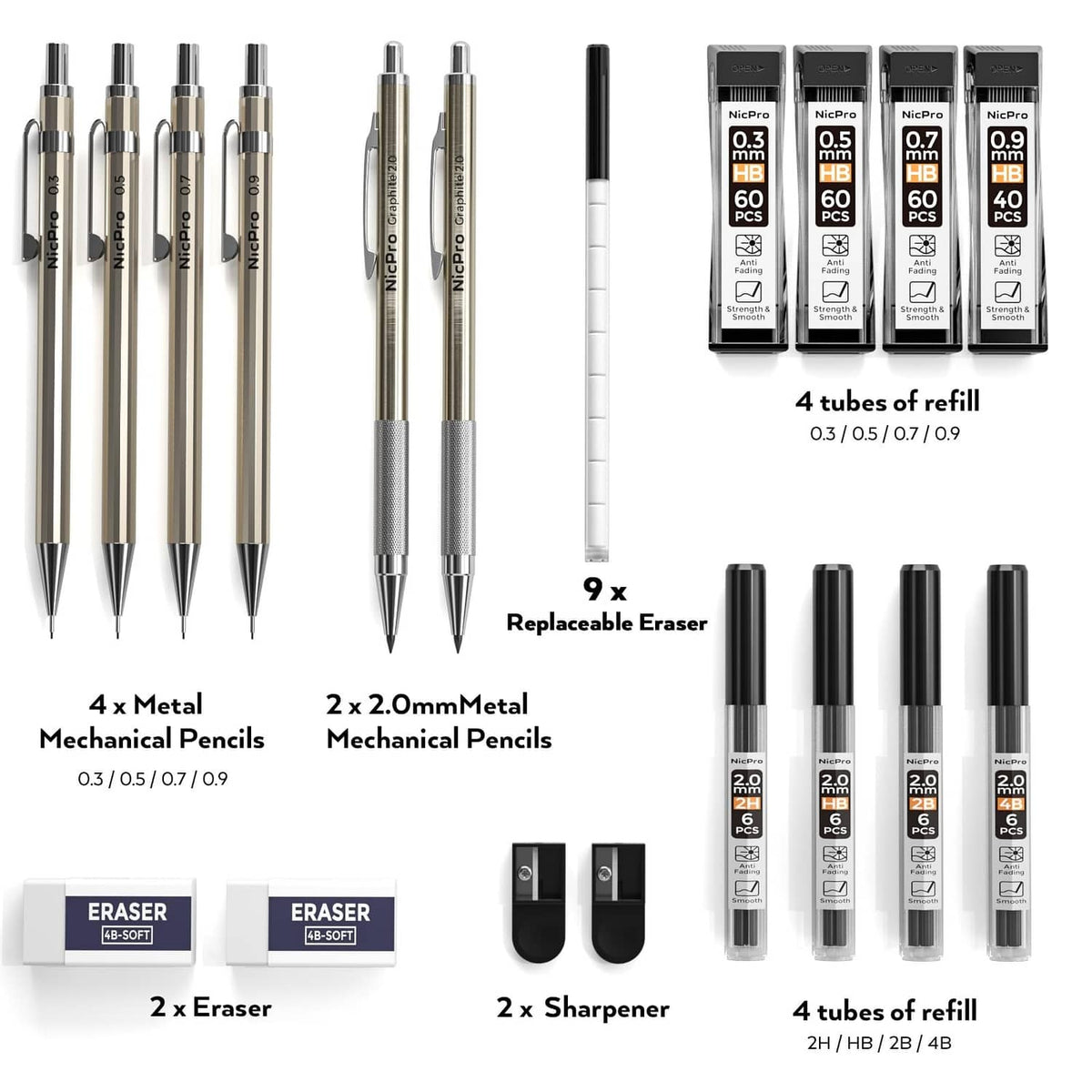 NicPro mechanical pencil set with metal pencils, refill tubes, erasers and sharpeners