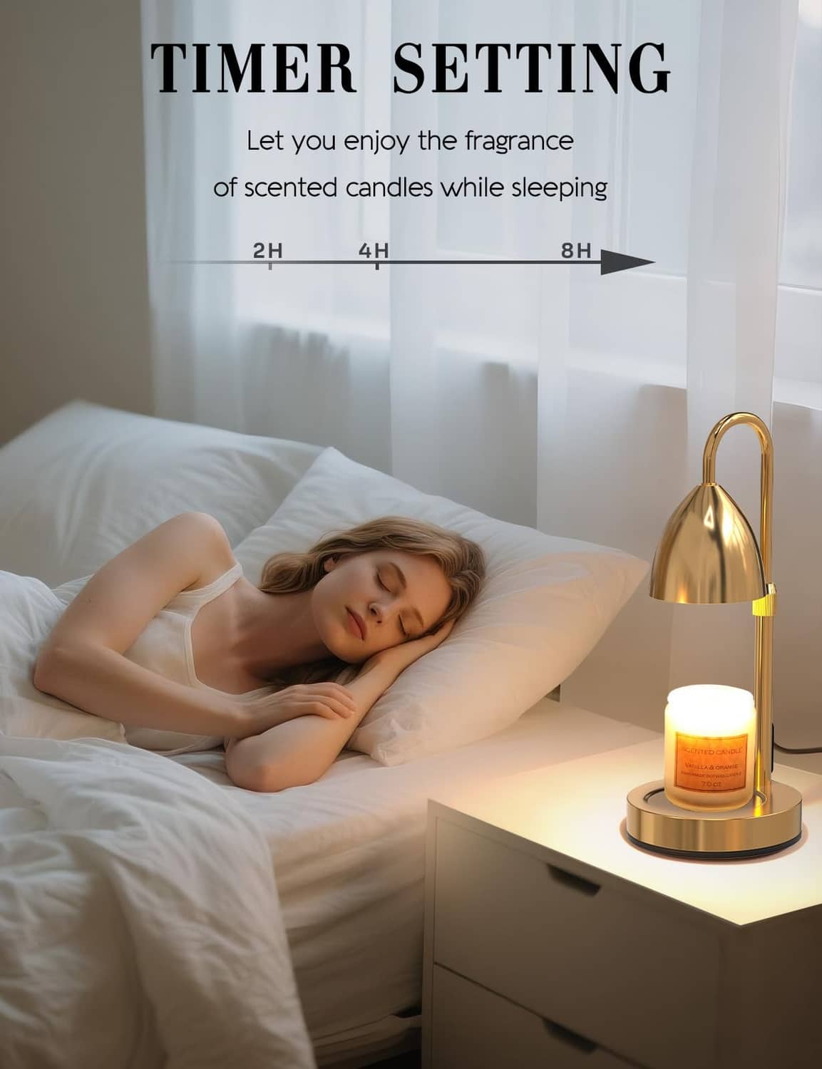 Gold candle warmer lamp with glowing candle on a nightstand for timed use
