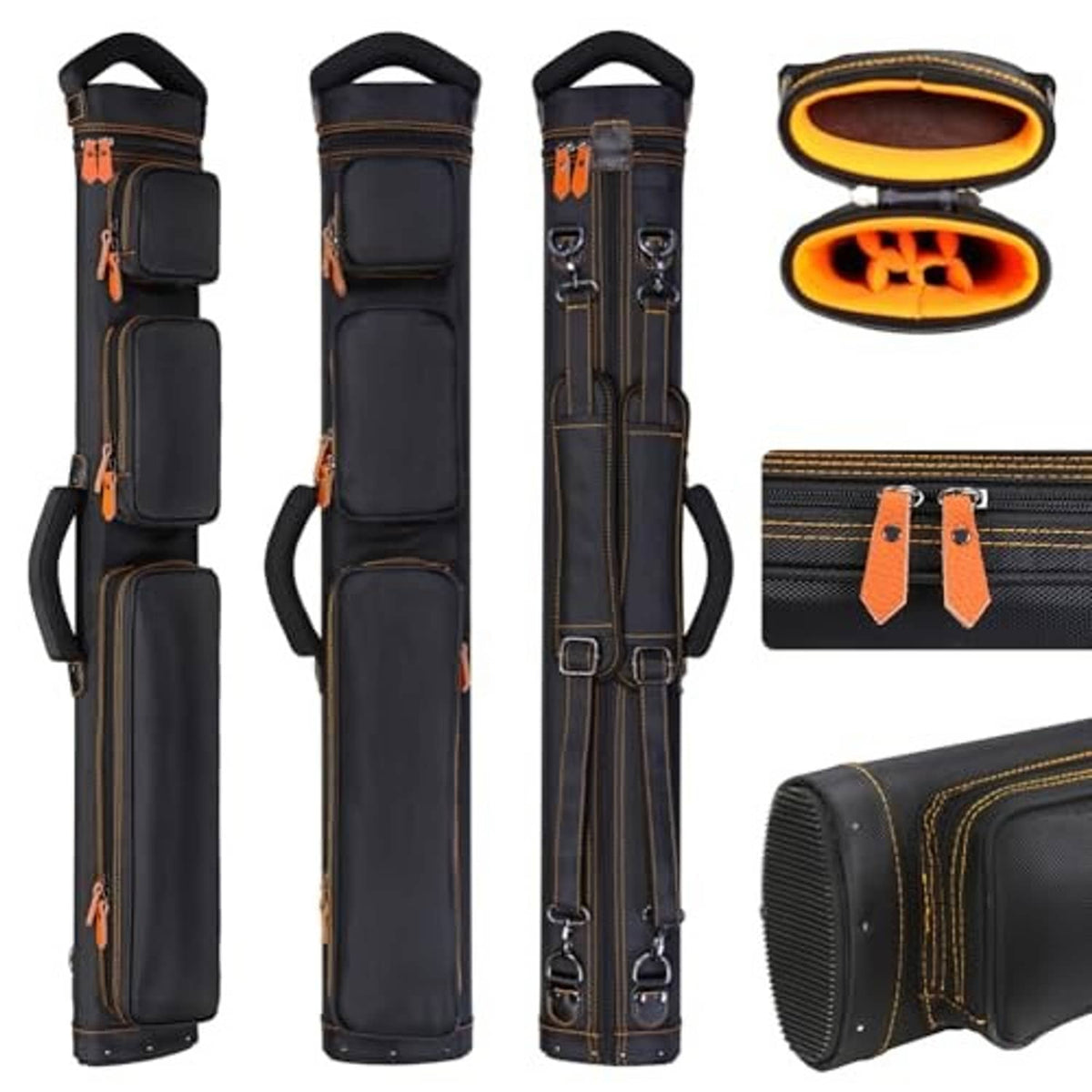 Nylon pool cue case, black with orange accents; padded interior and double-strap handles