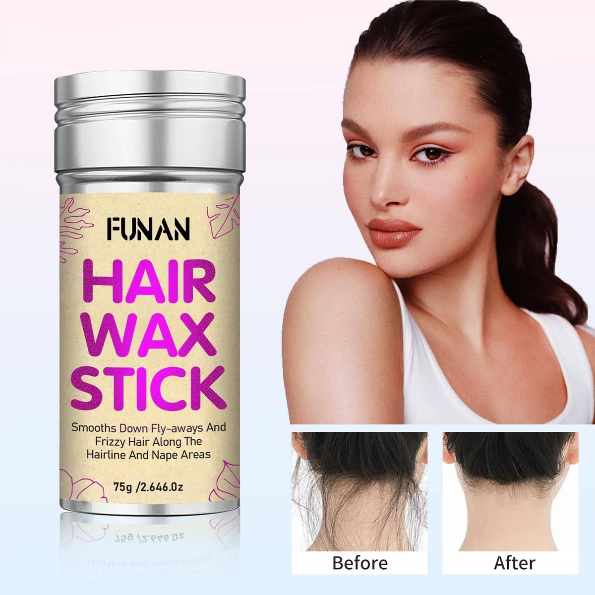 FUNAN hair wax stick jar beside smooth hair styling on model