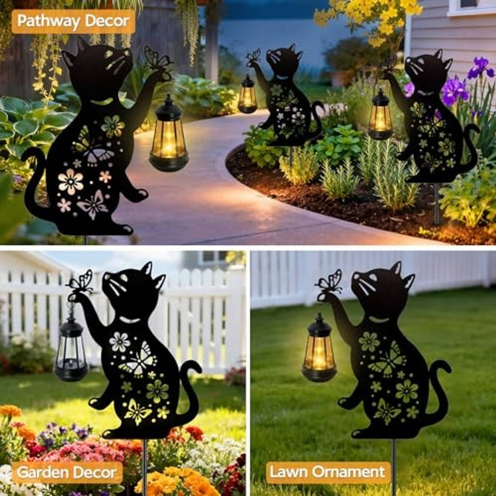 Set of black cat solar hanging lanterns for pathway and lawn decor