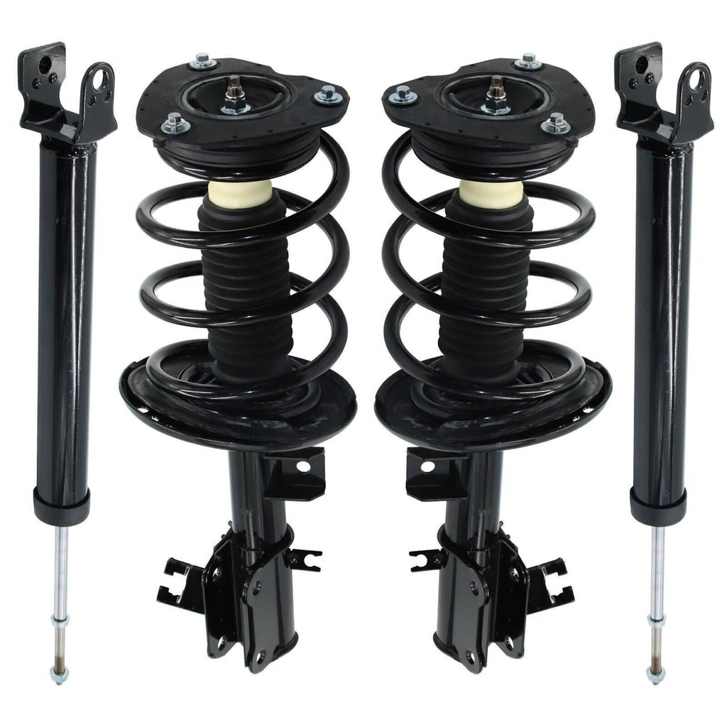 Pair of black coil-spring strut assemblies with yellow bump stops and bracket mounts