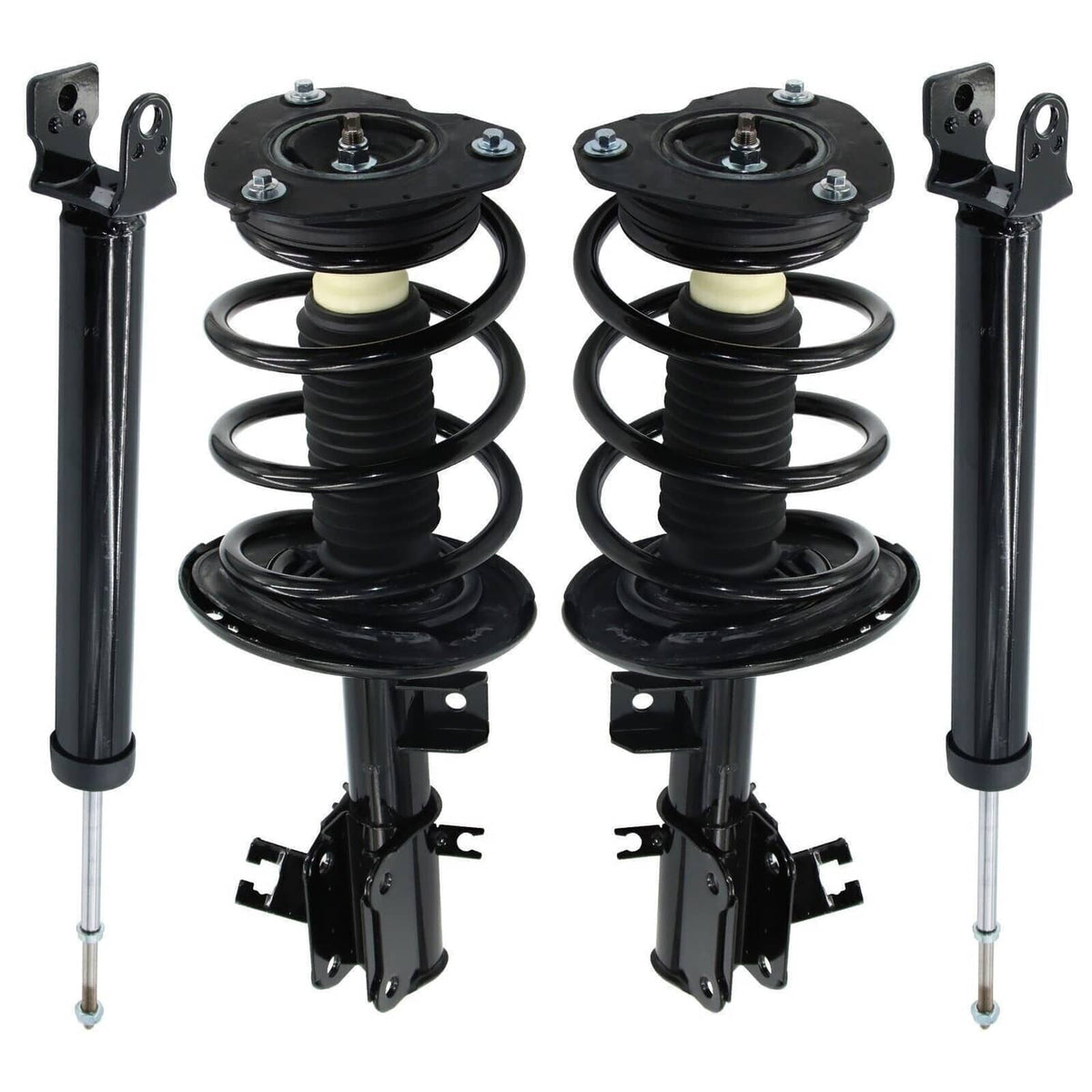 Pair of black coil-spring strut assemblies with yellow bump stops and bracket mounts