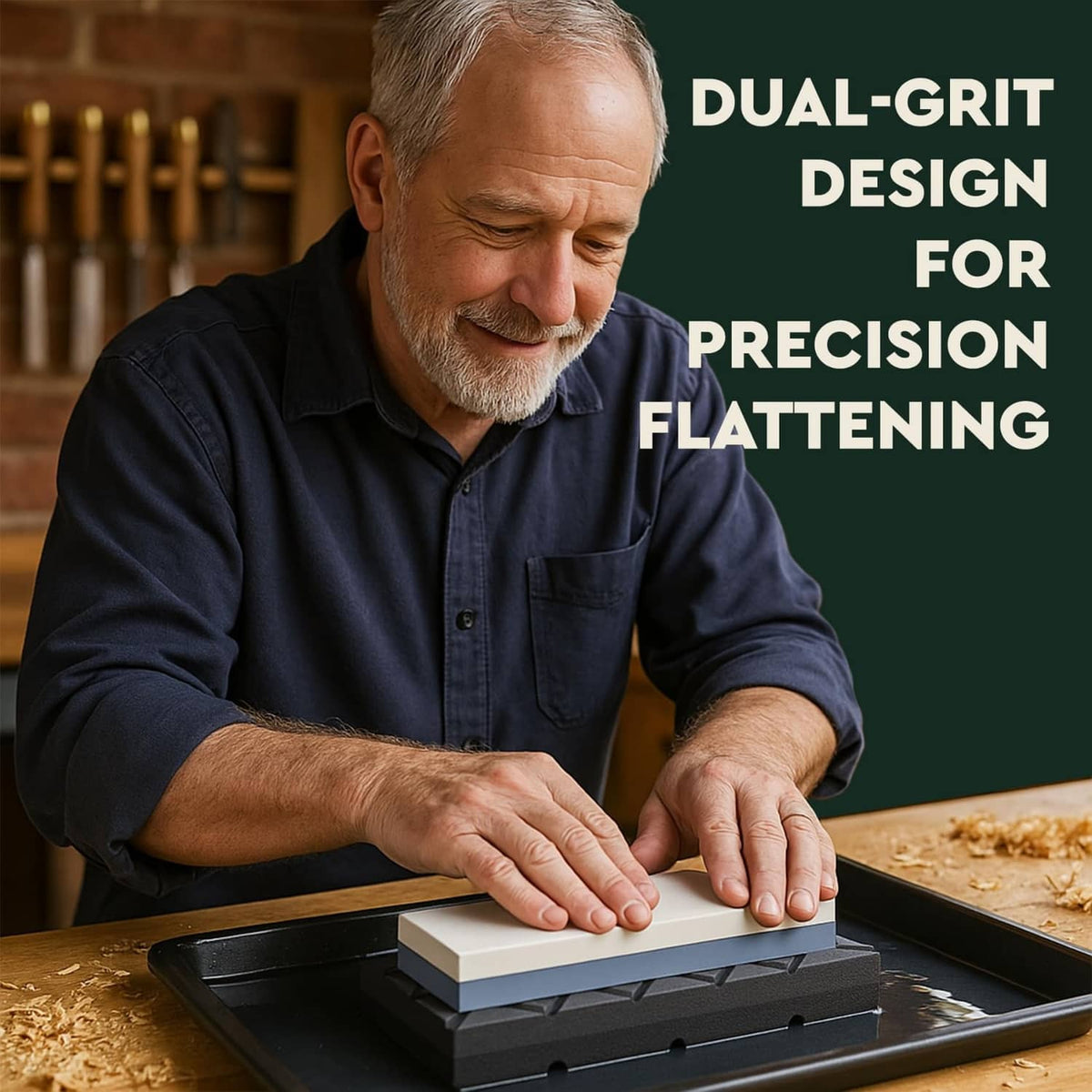 Large gray dual-grit flattening stone used on a work surface by a person