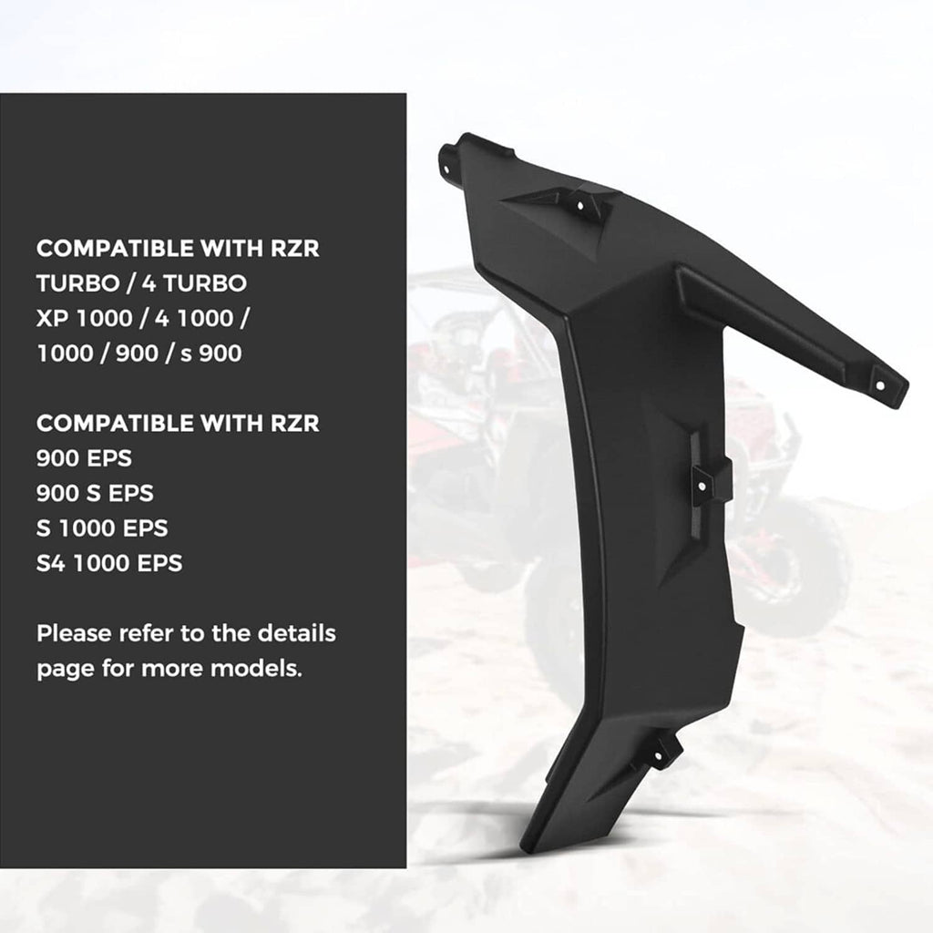 Black front fender flare panel with pre-drilled mounting holes and bracket arm