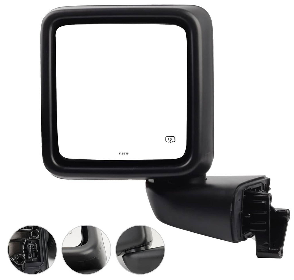 Black left power heated side mirror housing with square frame and heated glass area