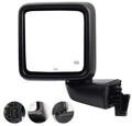 Black left power heated side mirror housing with square frame and heated glass area