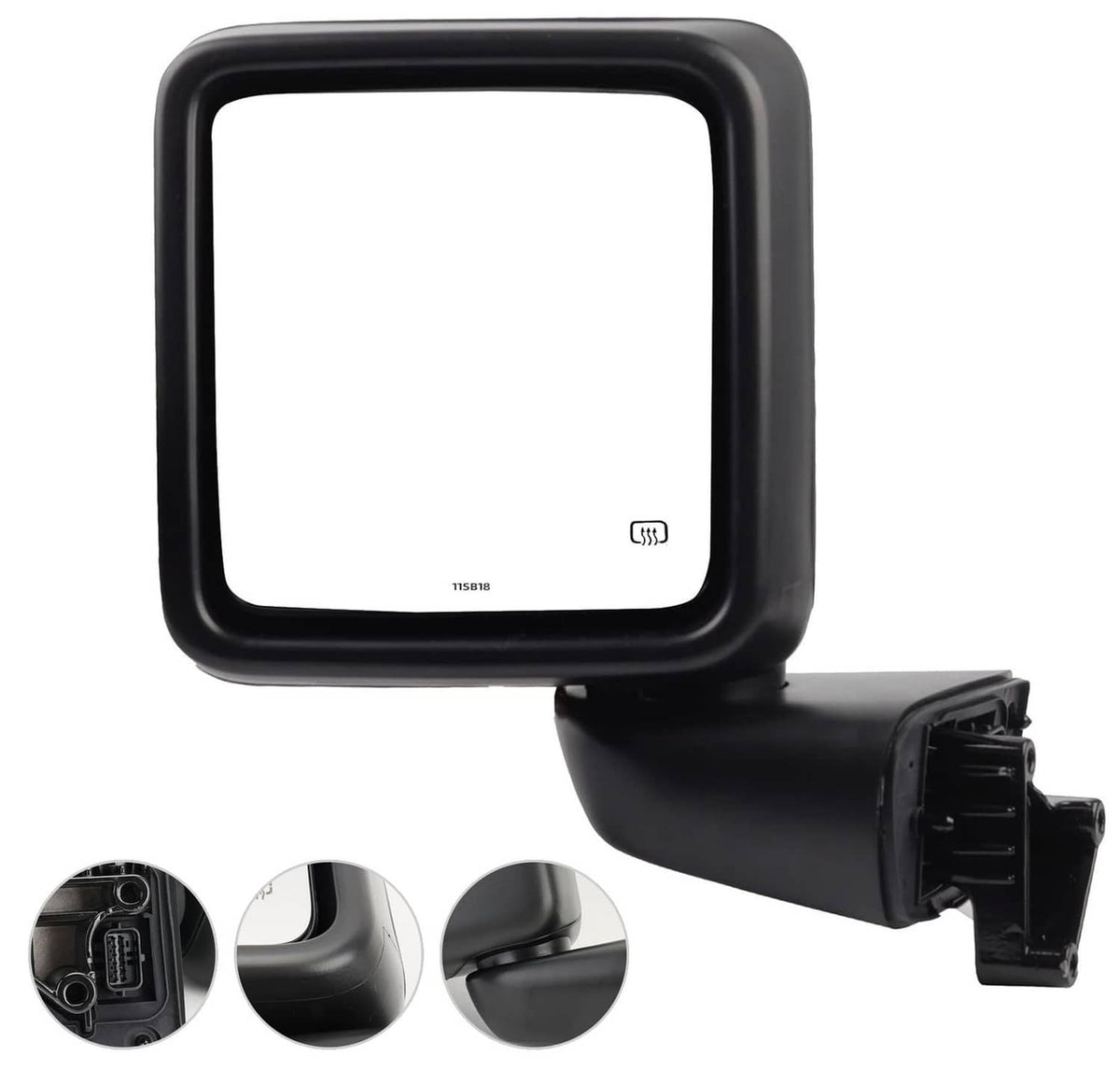 Black left power heated side mirror housing with square frame and heated glass area