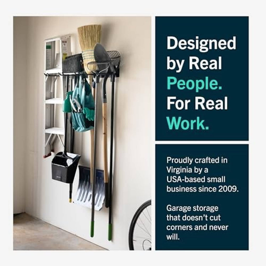 Black vertical tool rack with hanging hooks for brooms, rakes, and shovels