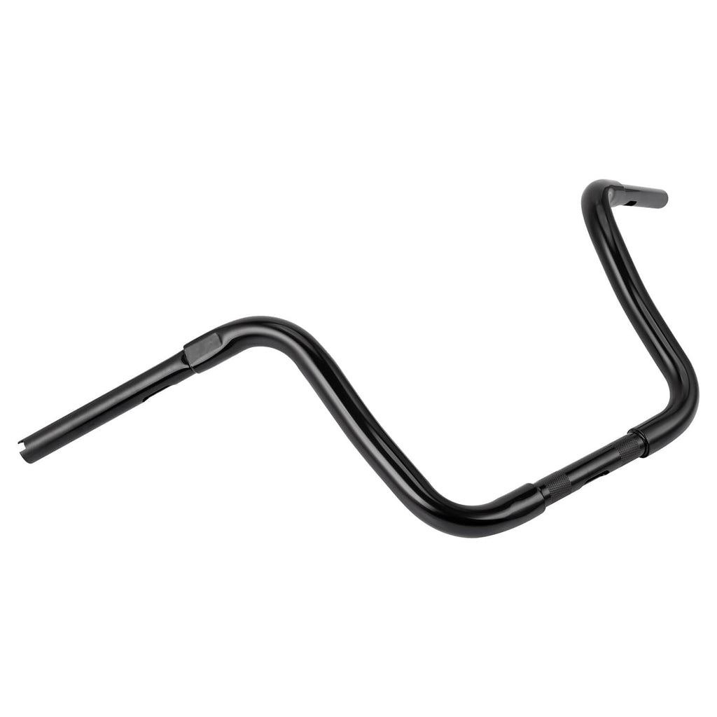 Black ape-hanger handlebars, angled view with curved rise and mounting sections
