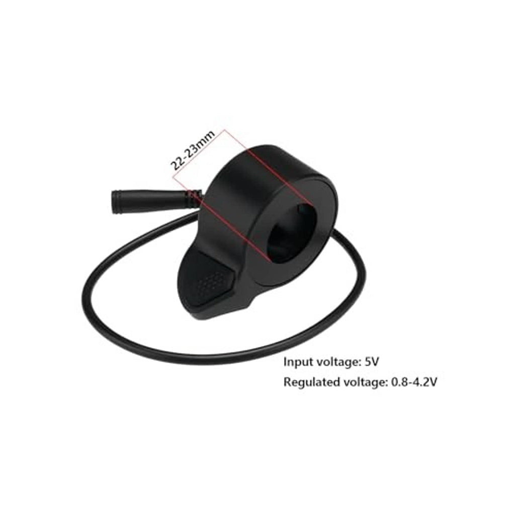 Black electric bike thumb throttle speed control knob with textured thumb pad and cable