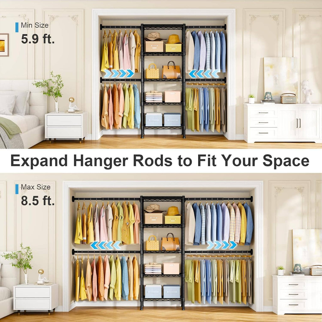 Wall-mounted closet rack with adjustable hanger rods and shelves, with shirts and boxes.