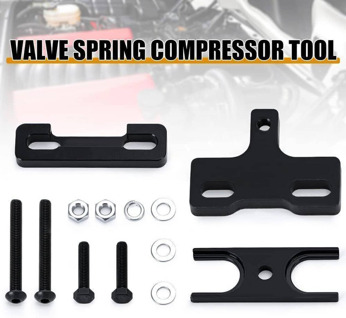 Valve spring compressor tool kit with black bracket, screws, nuts, and washers