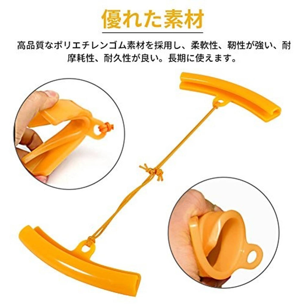 Orange flexible wheel rim protector pieces with lanyard cords and hand-held closeups