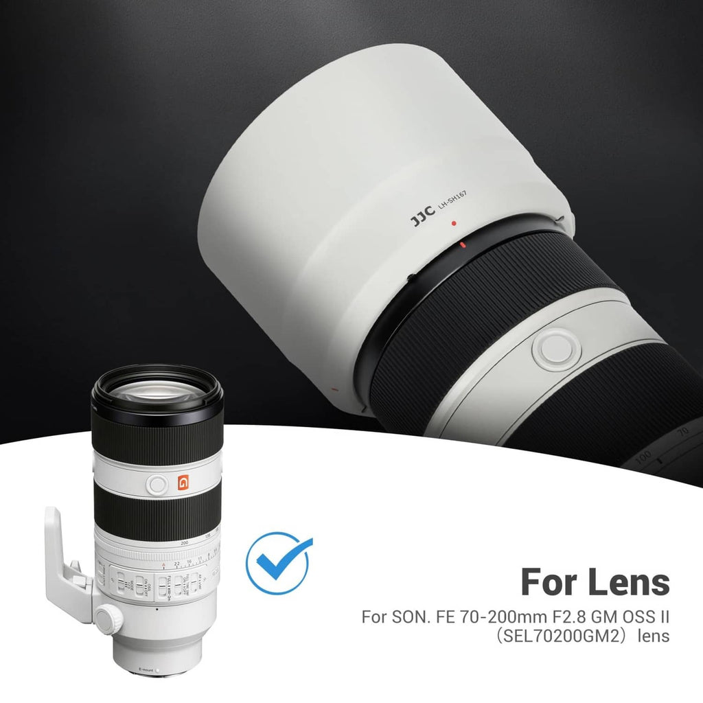 White telephoto lens hood attached, black front opening visible