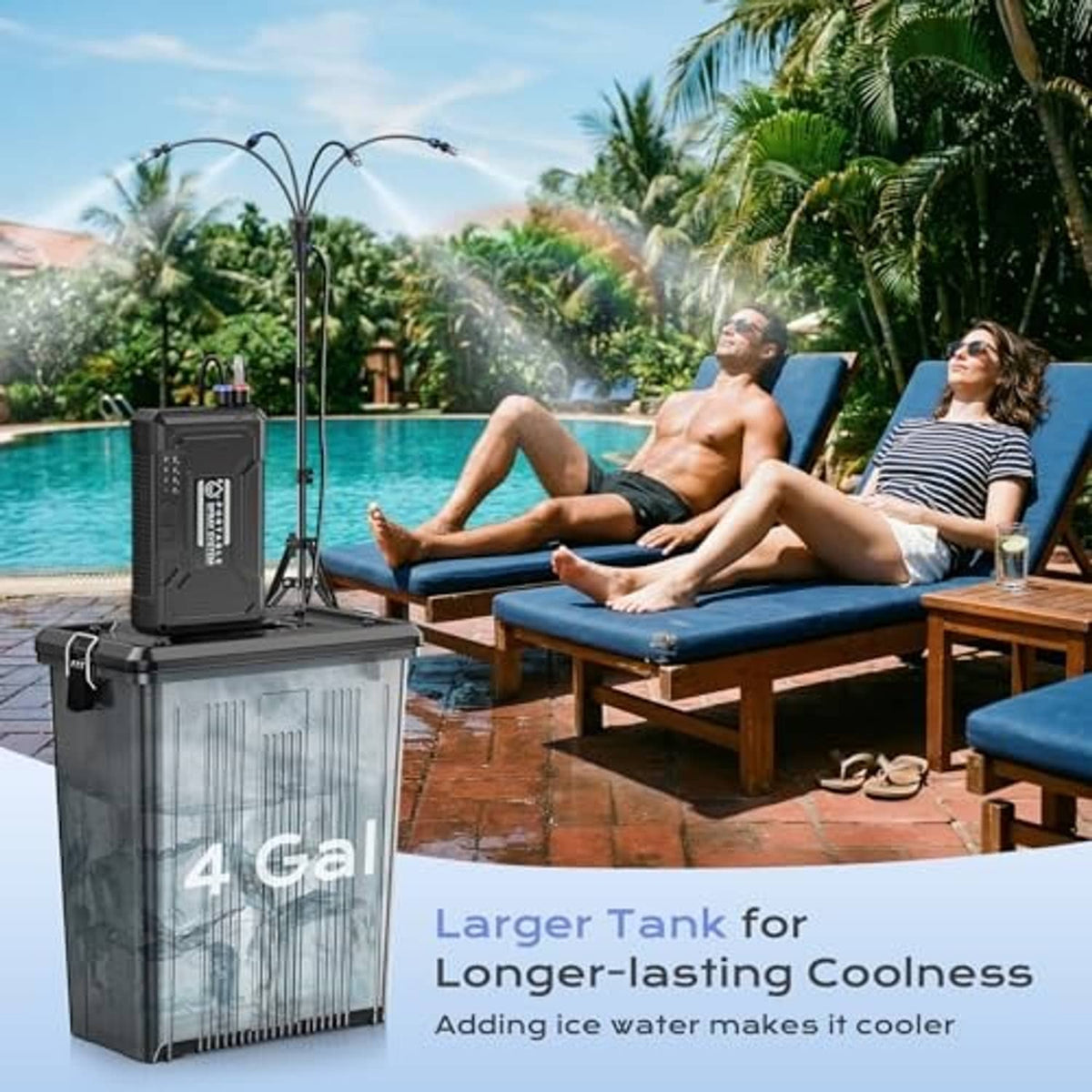Portable outdoor misting system with large gray water tank and dual spray heads by pool