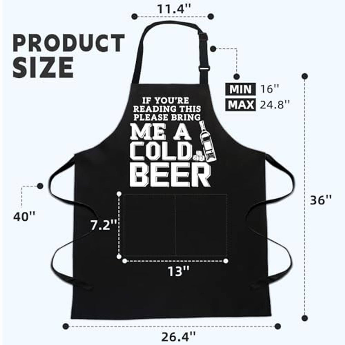 Black beer slogan apron size chart with neck strap and waist measurements