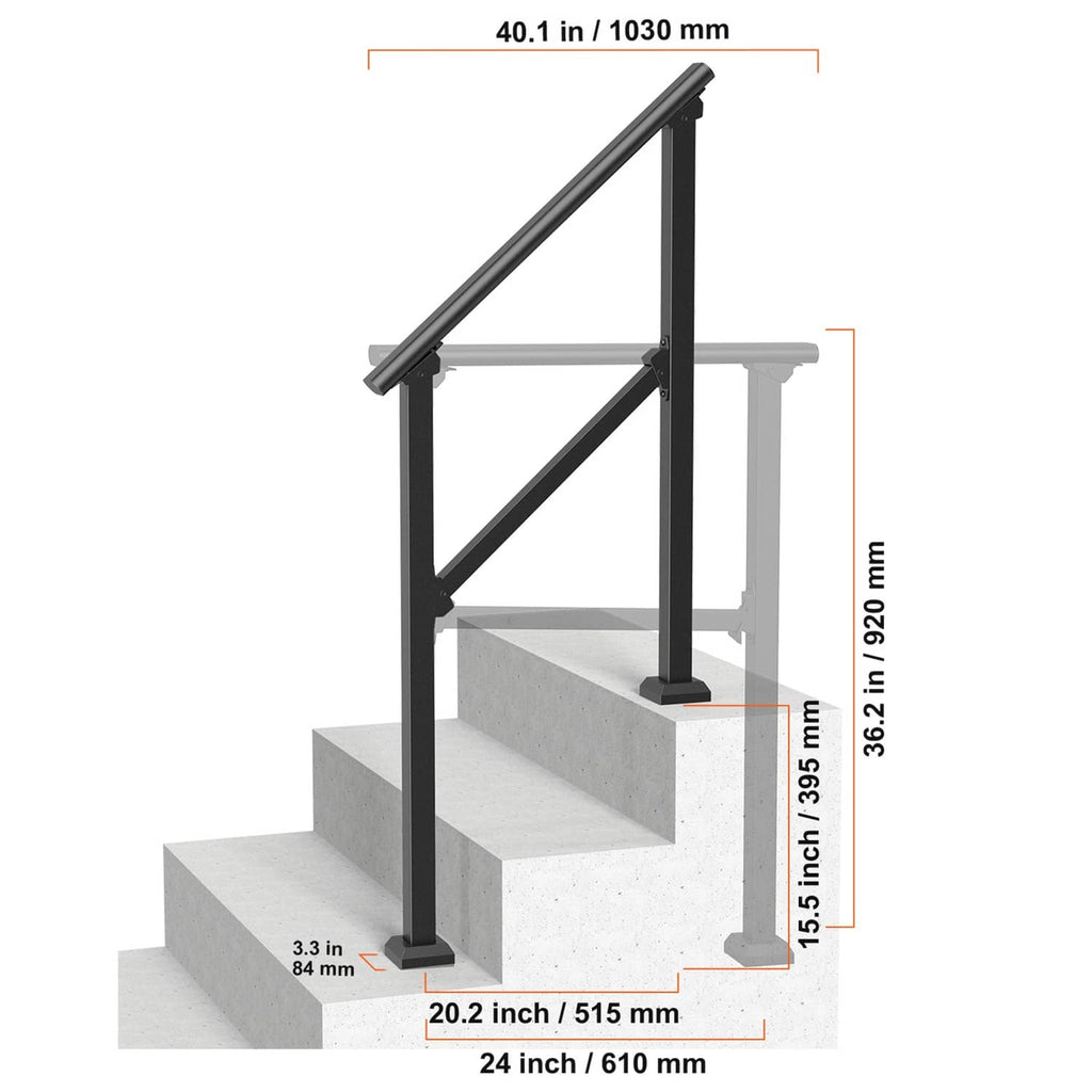 Black carbon steel stair handrail with two posts and top handrail bar