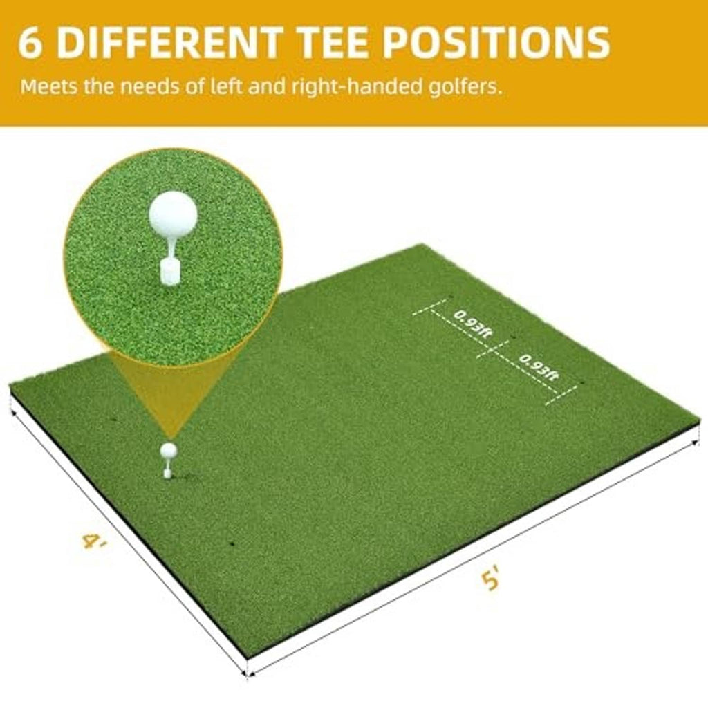 Green golf hitting mat with marked tee positions across the surface