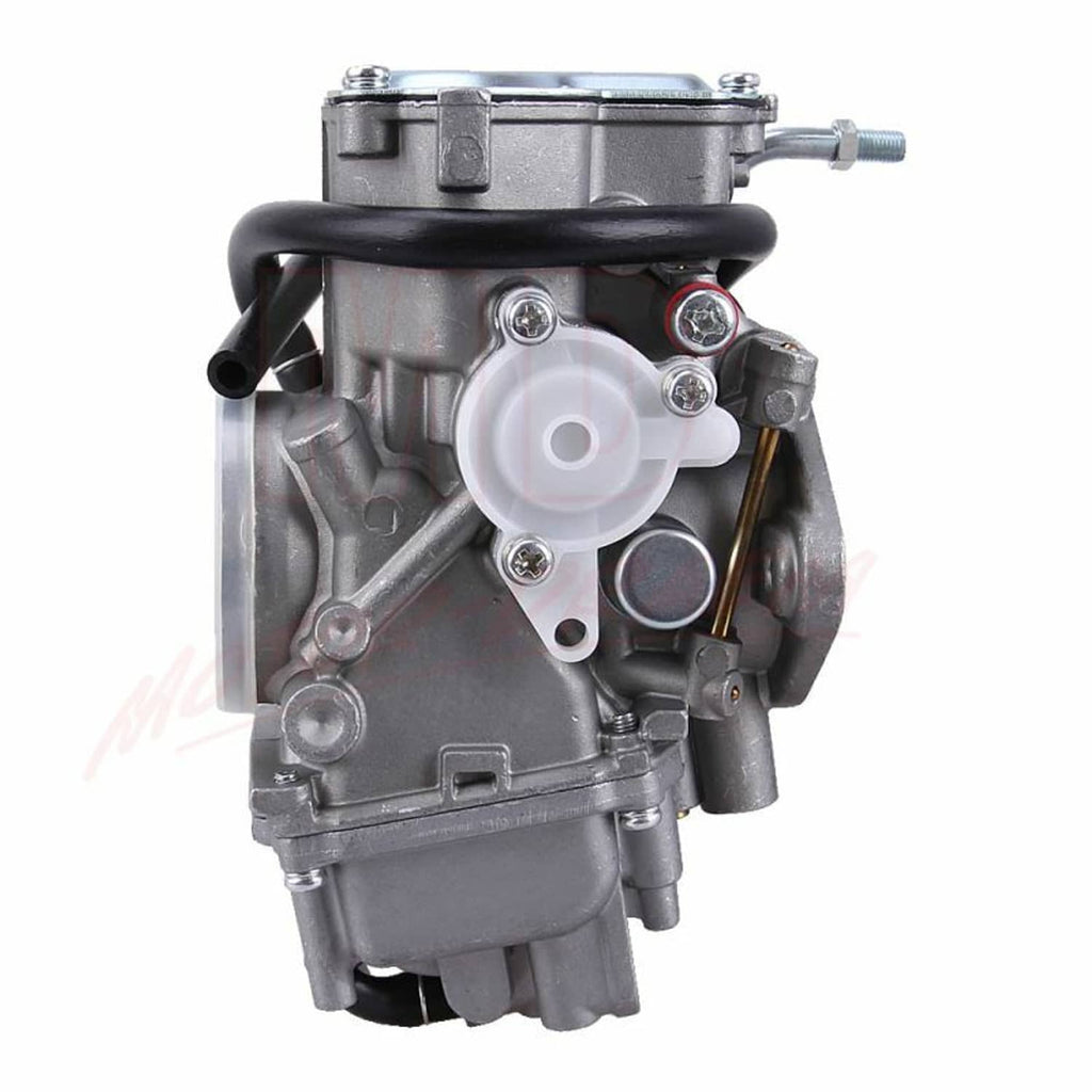 Carburetor body close-up with black intake hose and mounting plate
