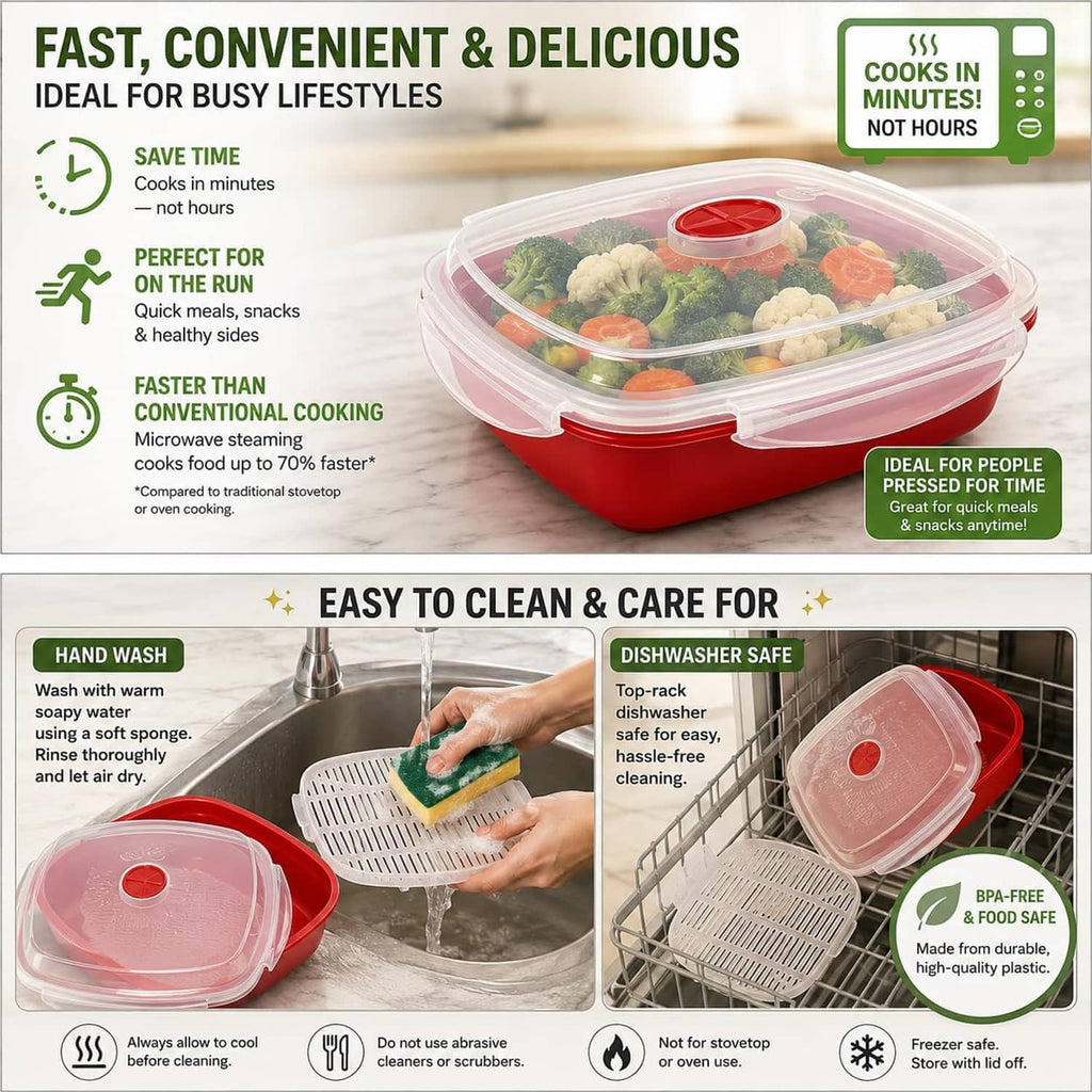 Microwave steamer with clear lid and vent, holding mixed vegetables over red base