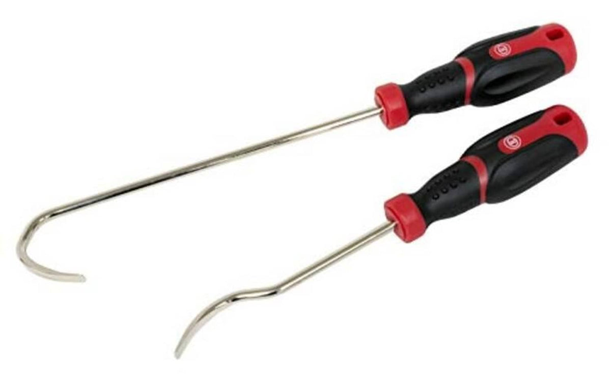 Two radiator hose spoon tools with long curved hooks and red-black ergonomic handles